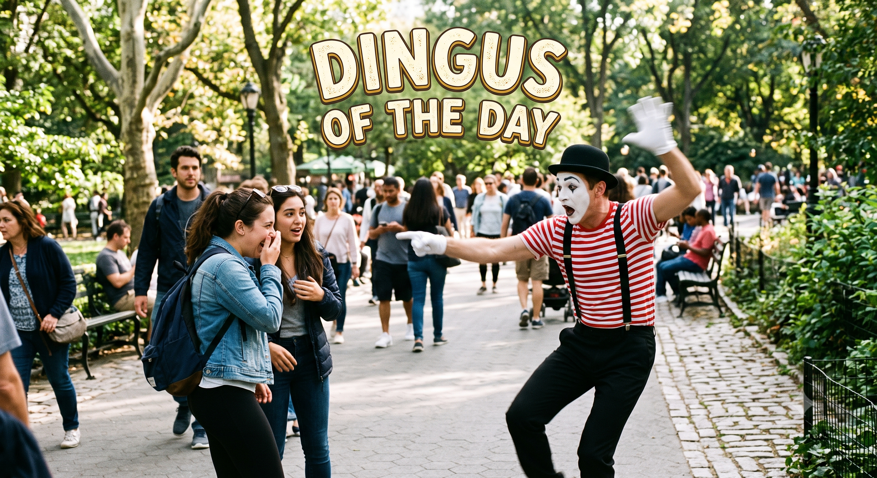 A performer in mime costume gestures to a crowd in a park, with the text "DINGUS OF THE DAY" displayed above.