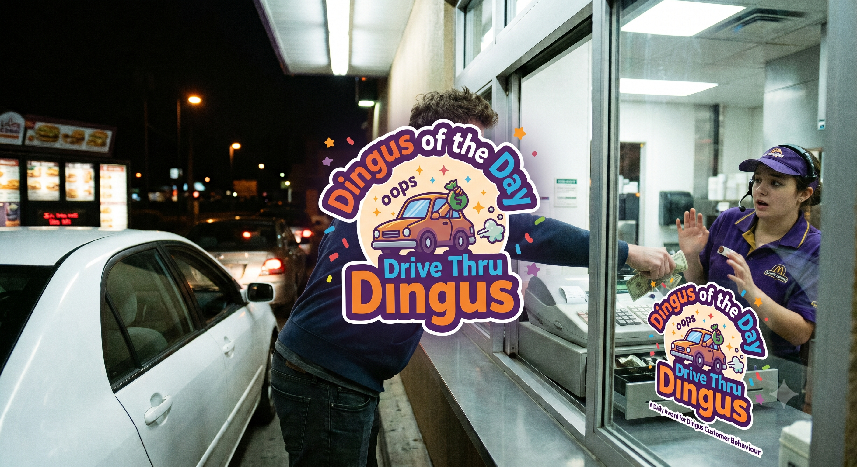 A person in a purple uniform standing in front of a drive-thru restaurant with a sign that says "Dingus of the Day Drive Thru Dingus".