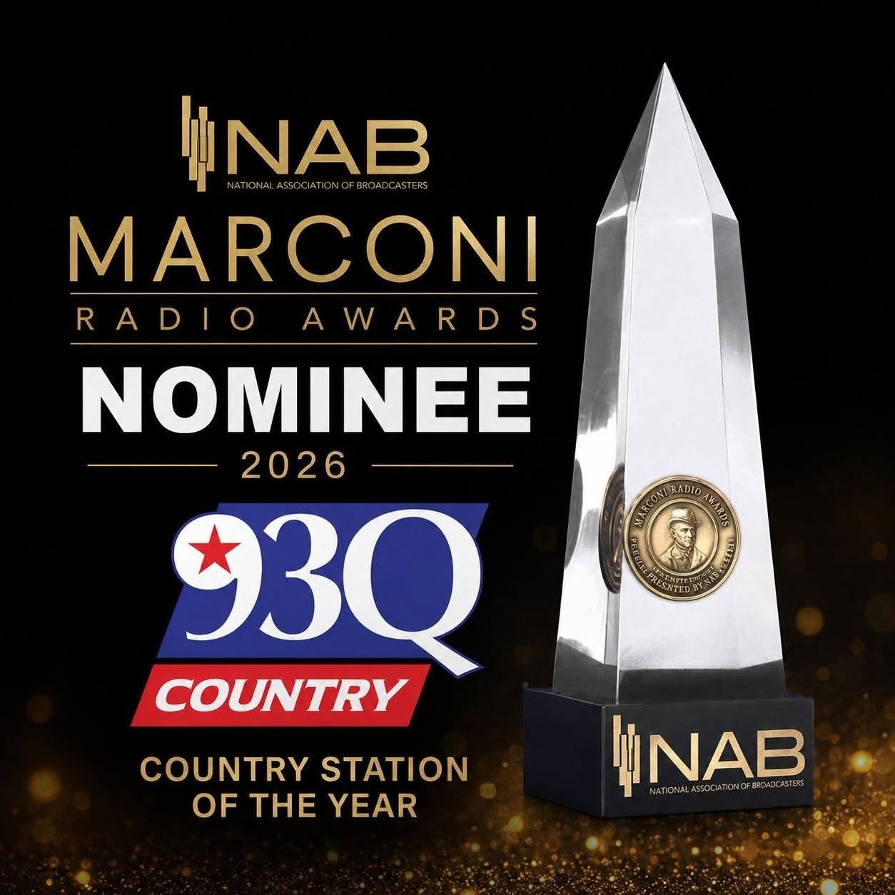 NAB Marconi Radio Awards nominee 2026 logo with a silver obelisk-shaped award and the 930 Country station logo.