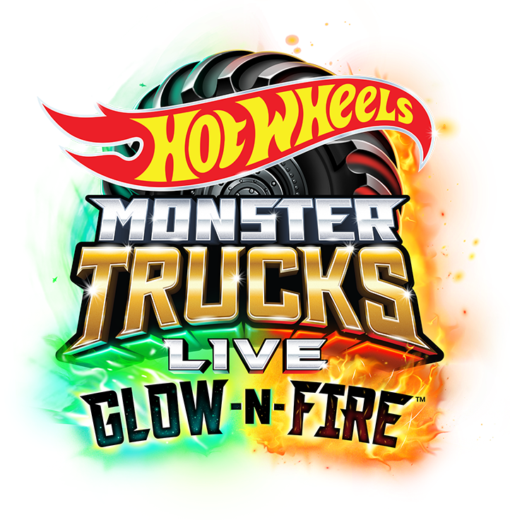 Hot Wheels Monster Trucks Live Glow-n-Fire logo on a colorful abstract background