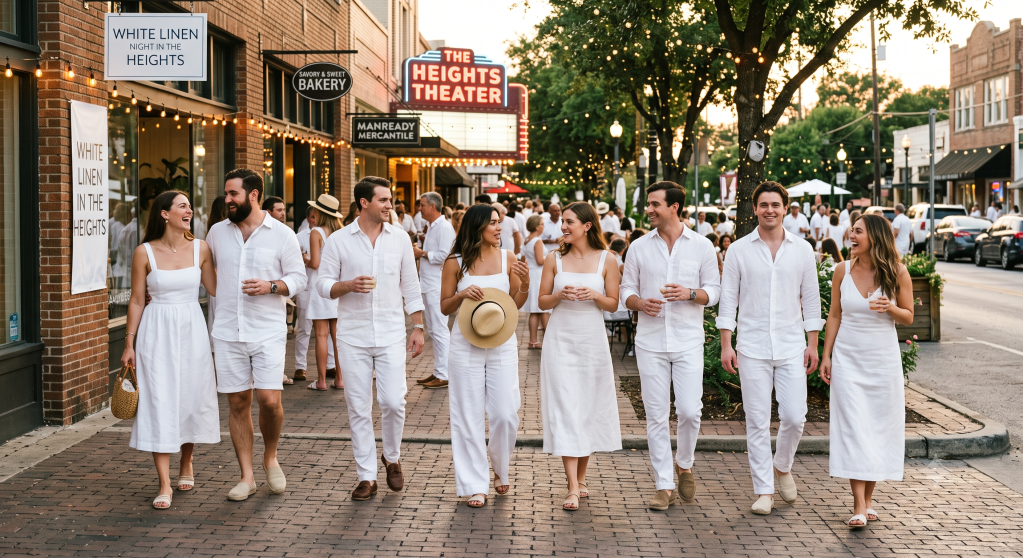 A group of people dressed in all-white clothing walking down a city street, with a theater marquee and other businesses visible in the background.