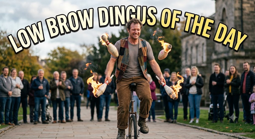 A man riding a unicycle and juggling flaming batons in front of a crowd, with the text "Low Brow Dingus of the Day" displayed above the scene.