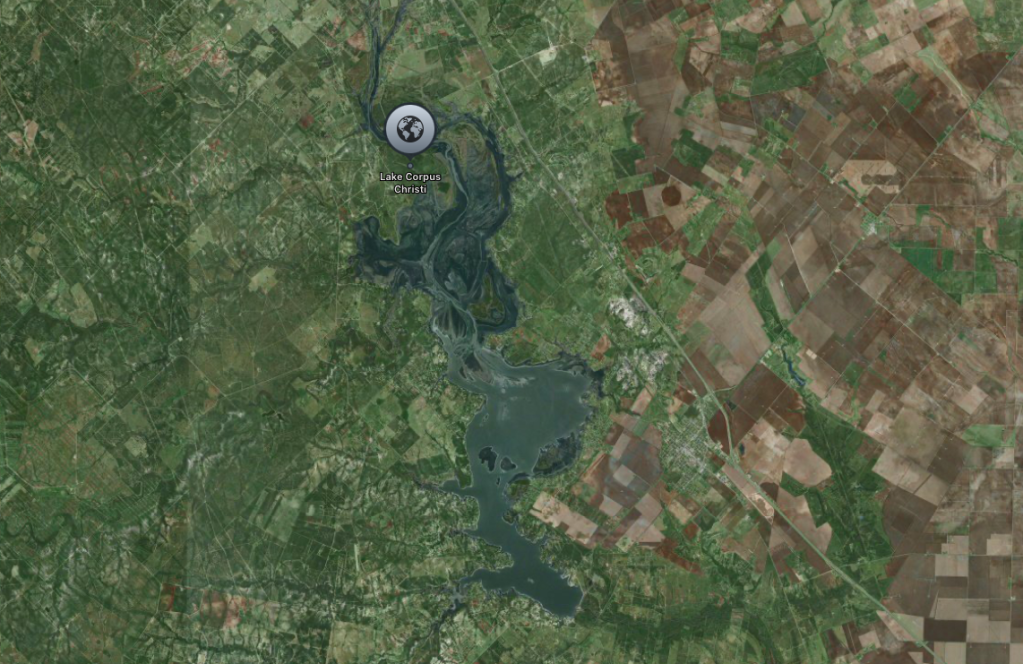 Aerial view of Lake Corpus Christi, a large lake surrounded by agricultural land and forests.