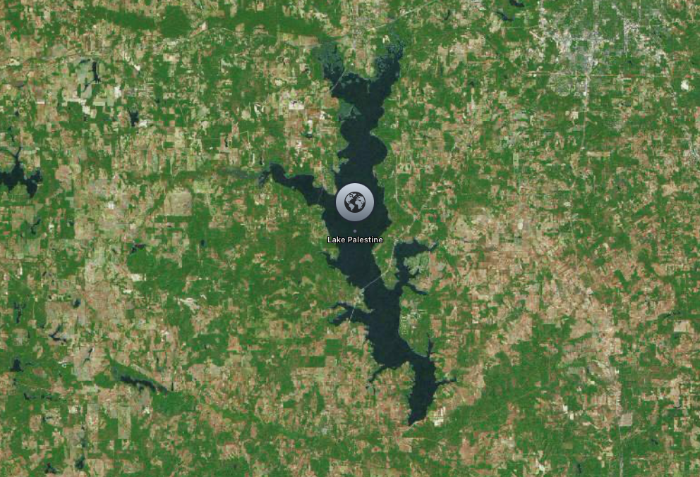 Aerial view of Lake Palestine, a large lake surrounded by green, rural landscape.