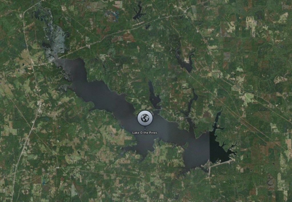Aerial view of Lake O the Pines, a large lake surrounded by forested land.