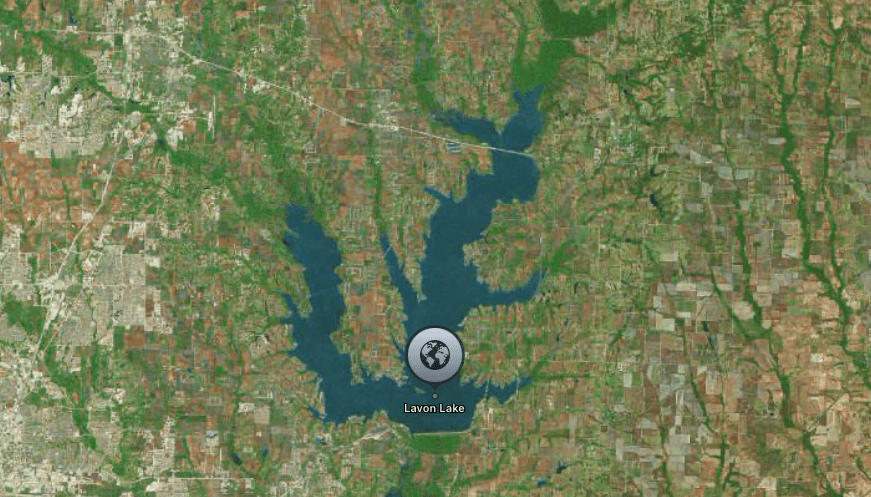 Aerial view of Lavon Lake, a large body of water surrounded by rural and agricultural land.