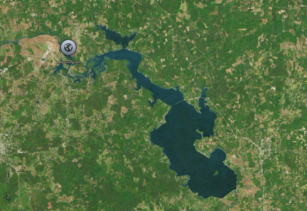 Aerial view of a large lake surrounded by forested and agricultural land, with the label "Lake Livingston" visible.