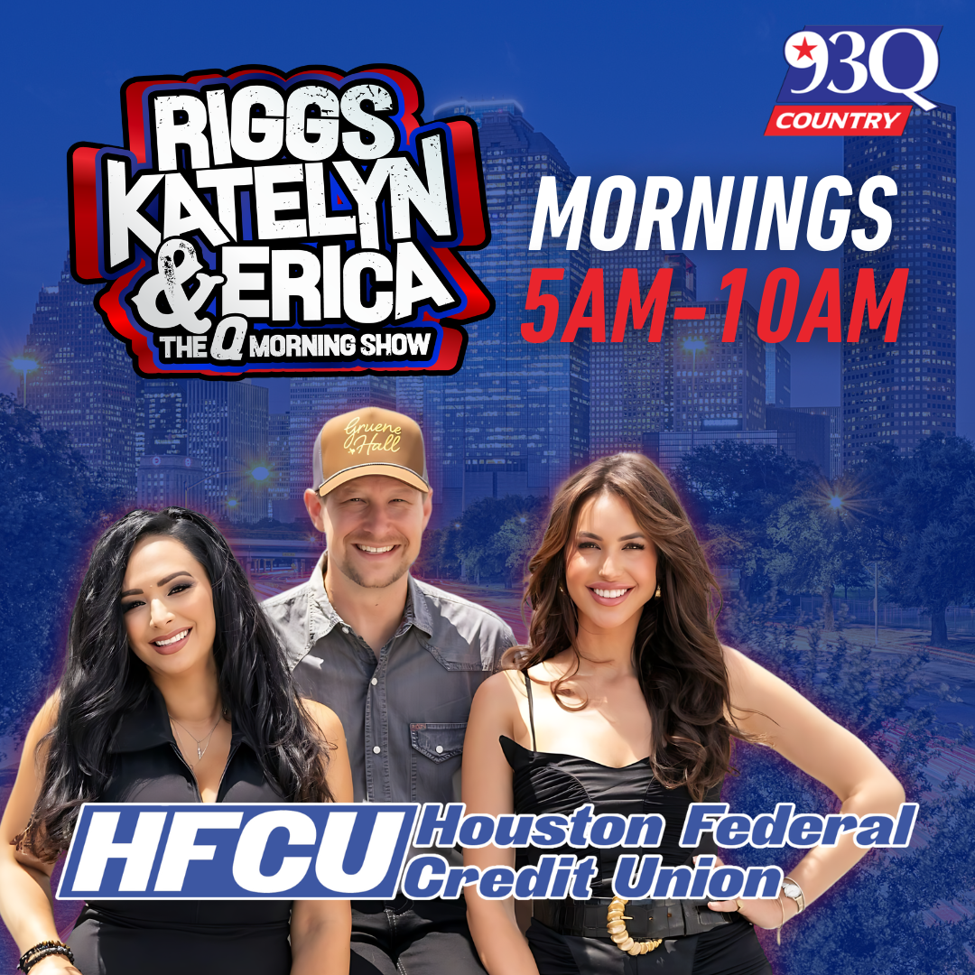 Three smiling people posing in front of a city skyline, with the "Riggs Katelyn & Erica The Q Morning Show" logo and "HFCU Houston Federal Credit Union" text.