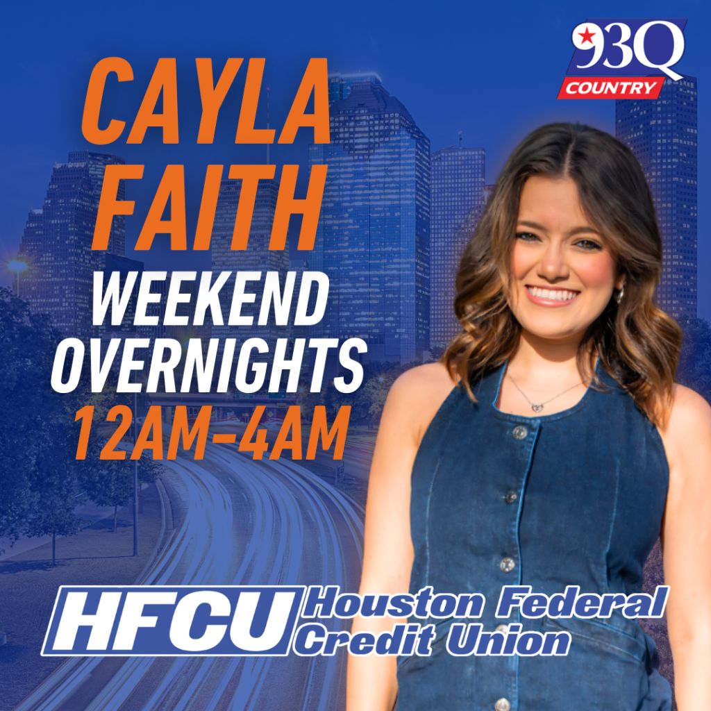 A smiling woman with long brown hair stands in front of a city skyline. The text reads "CAYLA FAITH WEEKEND OVERNIGHTS 12AM-4AM" and "HFCU Houston Federal Credit Union".