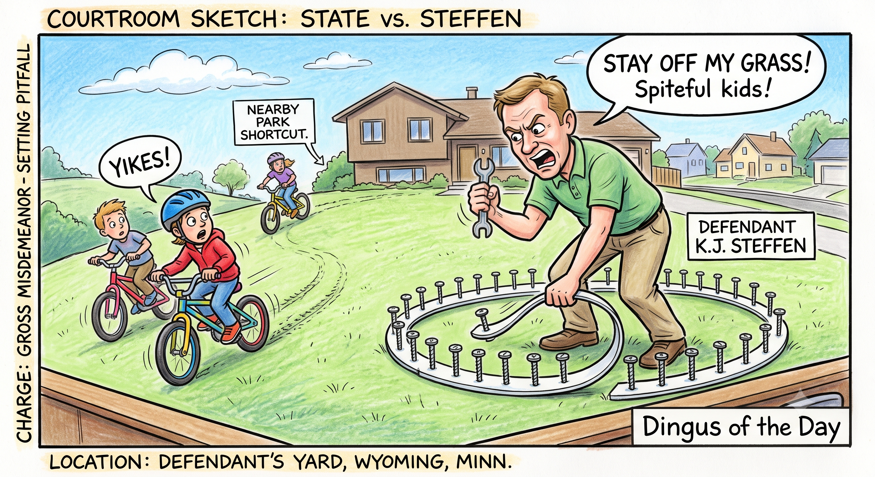 A cartoon courtroom sketch depicting a man yelling "Stay off my grass! Spiteful kids!" at two children riding bicycles in a suburban neighborhood. The man is labeled as "Defendant K.J. Steffen".