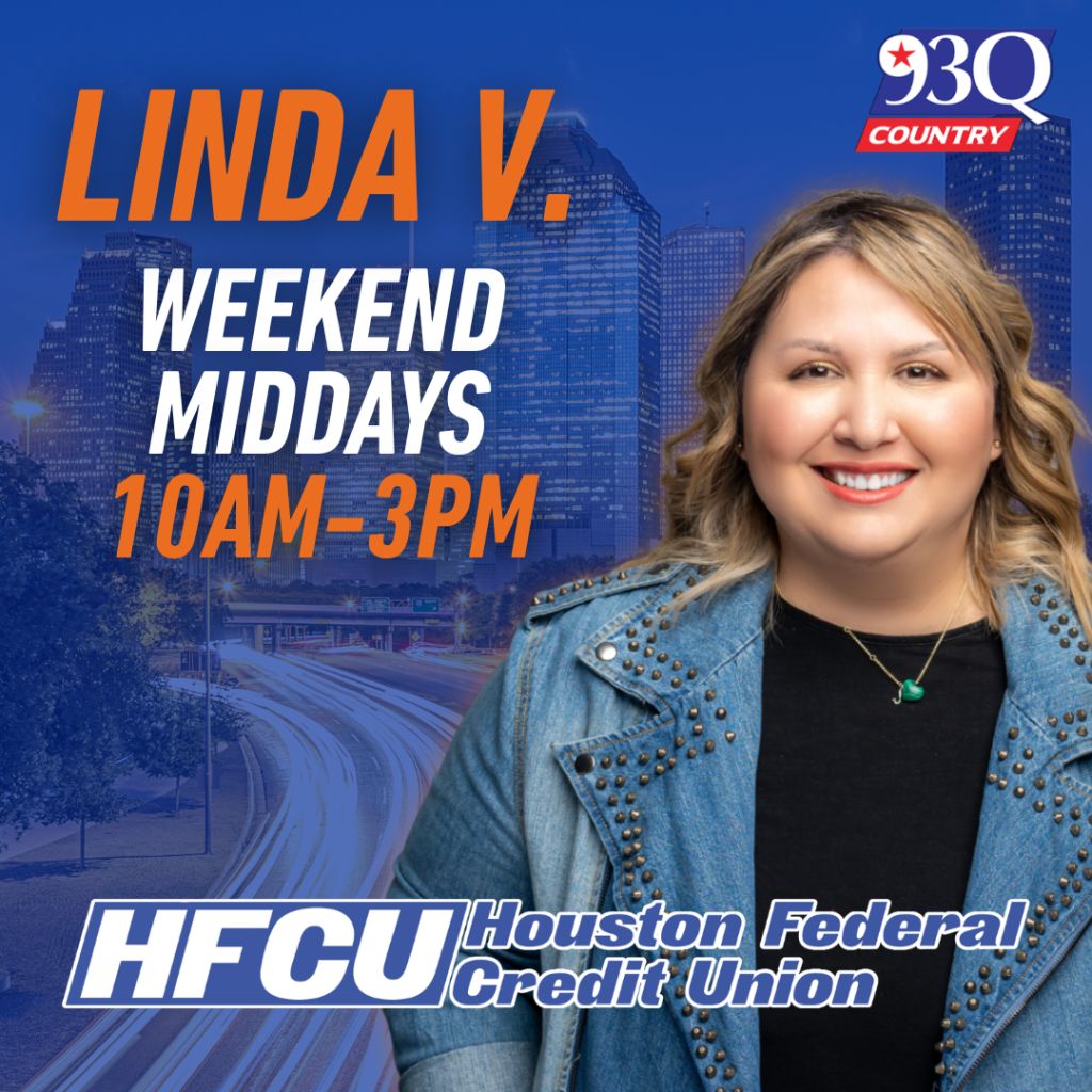 A smiling woman in a denim jacket stands in front of a cityscape, with text promoting "LINDA V. WEEKEND MIDDAYS 10AM-3PM" on 93Q Country radio.