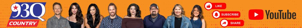 A group of 7 people, including 4 women and 3 men, posing together in front of an orange background with the 93.0 Country YouTube logo.