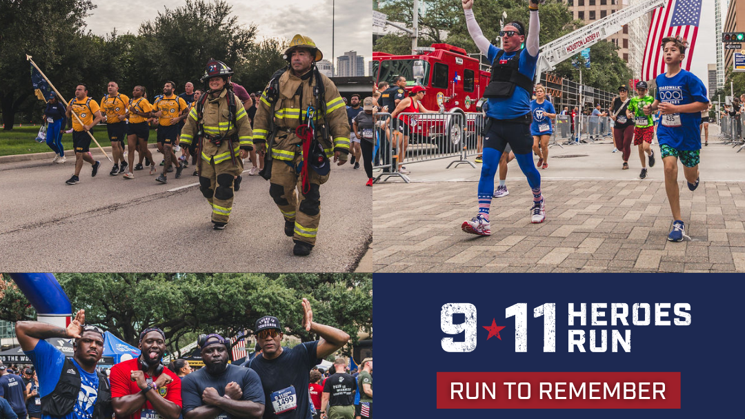 Firefighters marching in a parade, runners participating in a 9/11 memorial run, and spectators cheering along the route. Text: "9/11 Heroes Run", "Run to Remember", "September 12, 2026", "City Hall, Houston TX", and radio station logos.