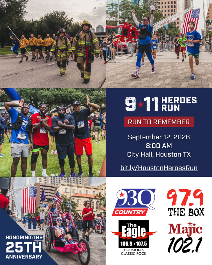 Firefighters marching in a parade, runners participating in a 9/11 memorial run, and spectators cheering along the route. Text: "9/11 Heroes Run", "Run to Remember", "September 12, 2026", "City Hall, Houston TX", and radio station logos.