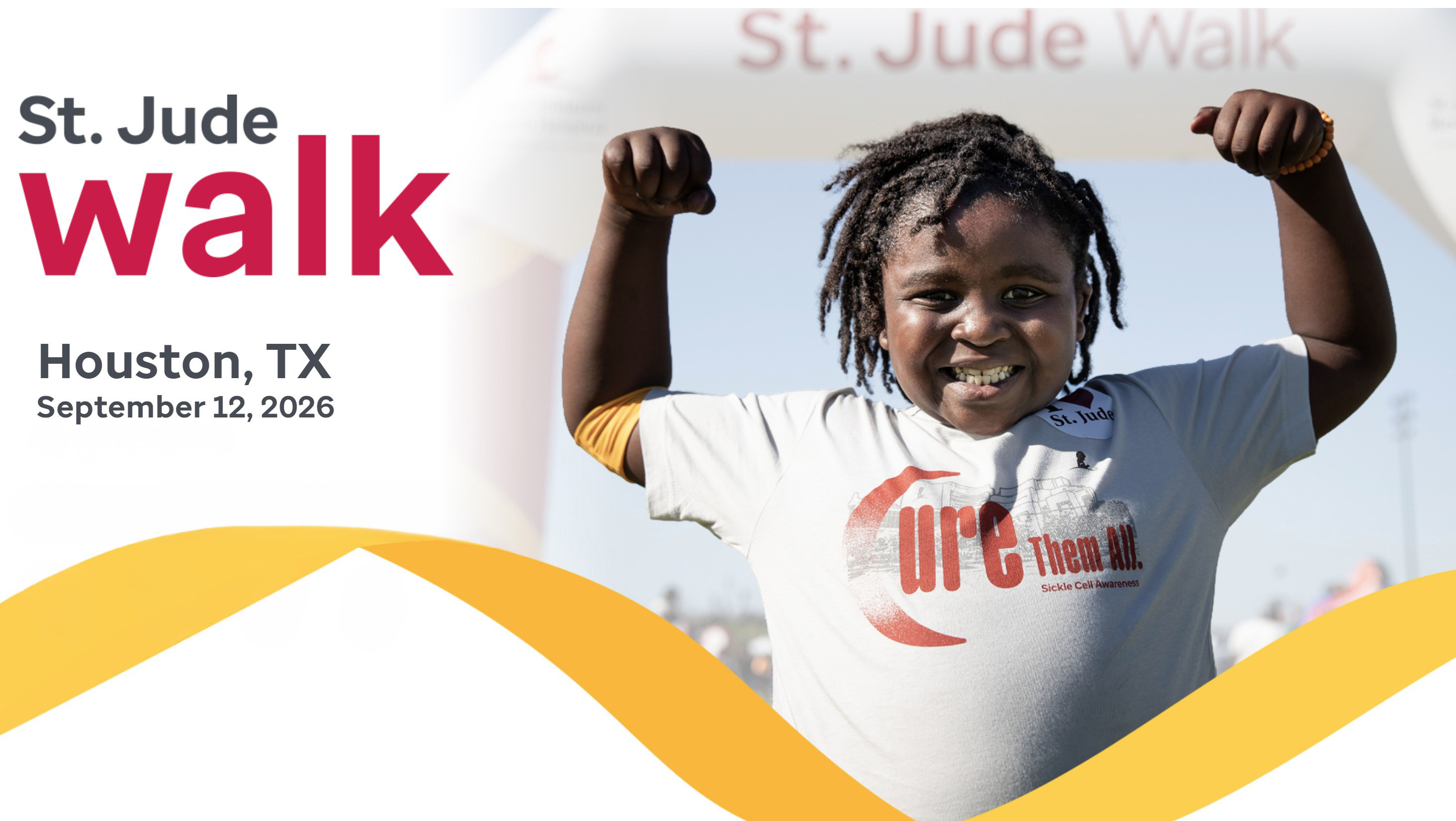 A smiling young person wearing a white t-shirt with the text "Cure Them All" raises their fists in celebration at the St. Jude Walk event in Houston, TX.