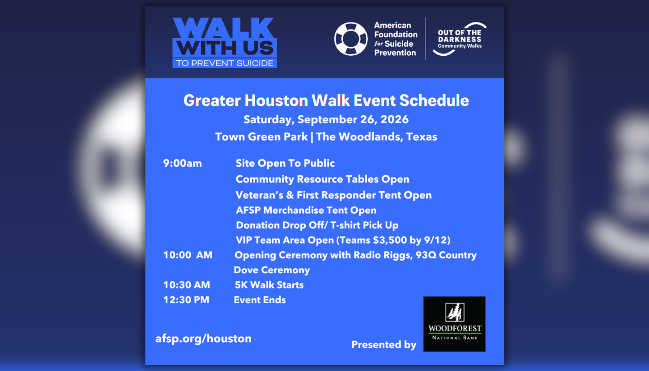 Walk with us to prevent suicide. Greater Houston Walk Event Schedule on September 26, 2026 at Town Green Park in The Woodlands, Texas.