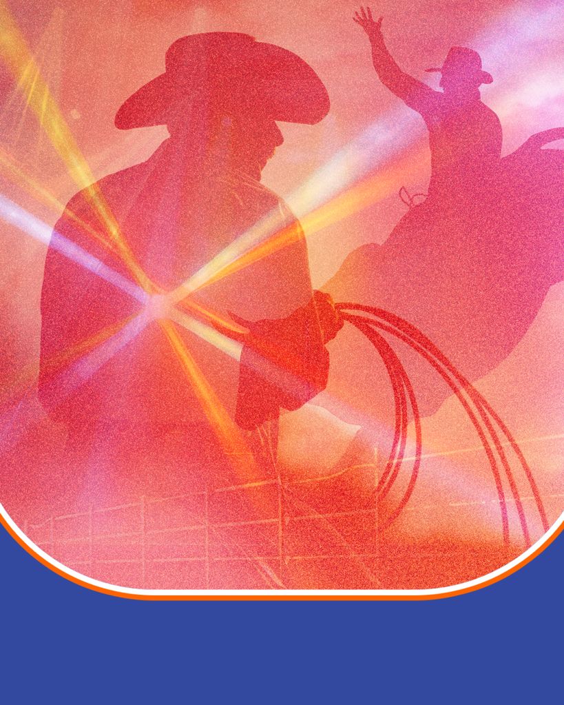 Silhouetted figure dancing against a vibrant, fiery backdrop with rays of light emanating from the center.