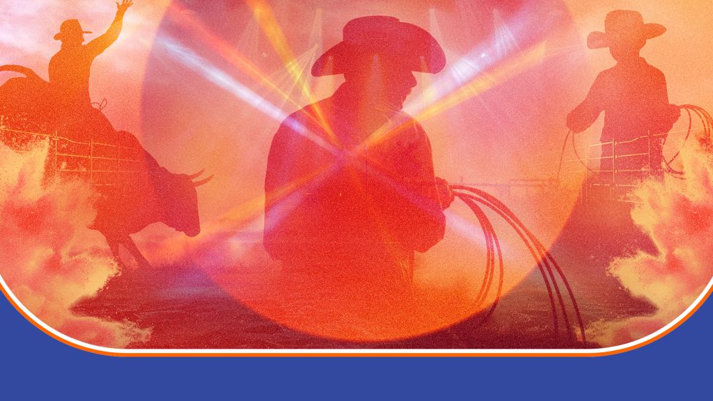Silhouetted figures of cowboys on horseback against a fiery, dramatic sky with rays of light.