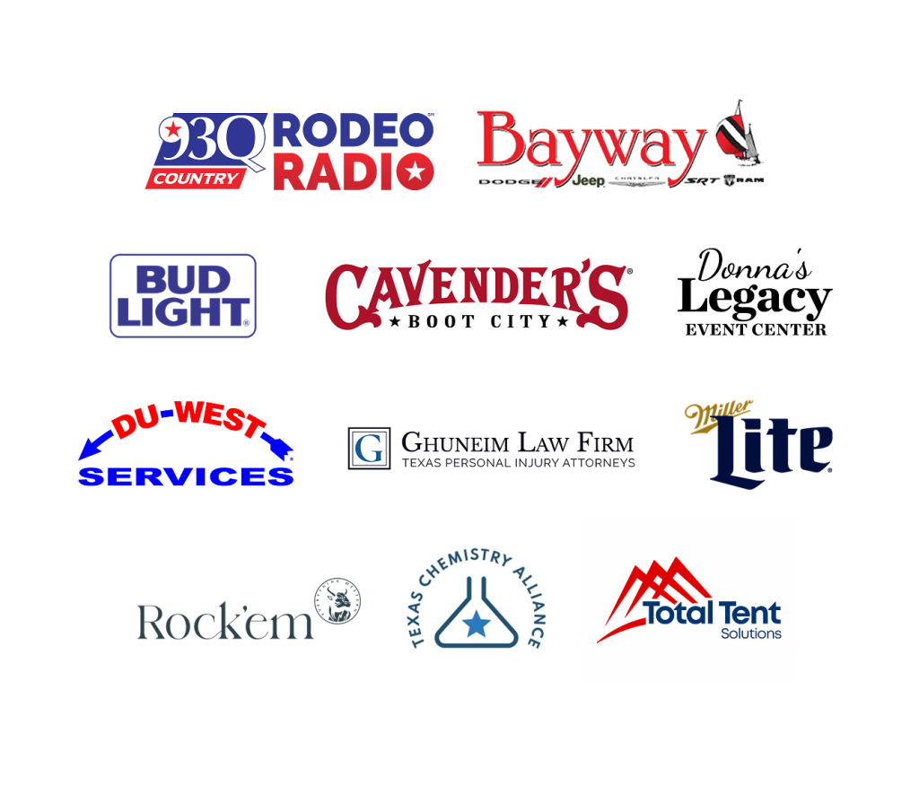 Logos and branding for various companies and organizations, including Rodeo Country radio, Bayway Dodge Jeep, Bud Light, Cavender's Boot City, Donna's Legacy Event Center, Du-West Services, Ghuneim Law Firm, Miller Lite, Rockem, Texas Chemistry Alliance, and Total Tent Solutions.