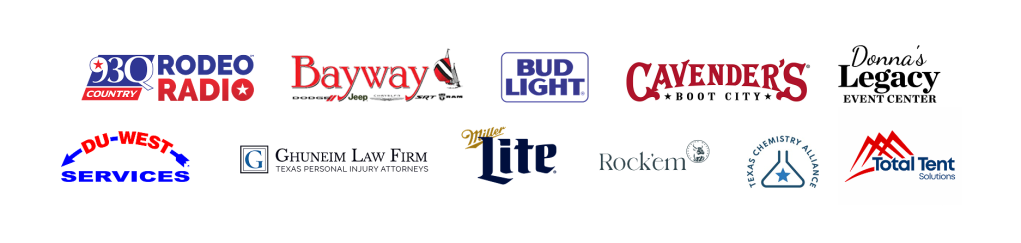 Logos and text for Rodeo Radio, Bayway, Bud Light, Cavender's Boot City, Donna's Legacy Event Center, Du-West Services, Ghuneim Law Firm, Miller Lite, Rockem, and Total Tent Solutions.