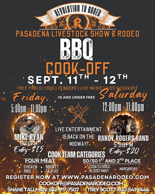Poster for Pasadena Livestock Show & Rodeo BBQ Cook-Off on September 11-12, featuring live music, cook team categories, and food and drink vendors.