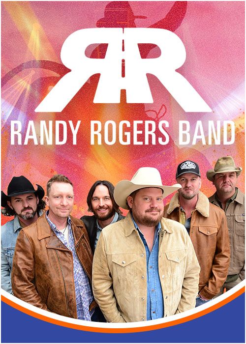 The Randy Rogers Band, a country music group, posing together in casual attire against a colorful background with the band's name and logo.