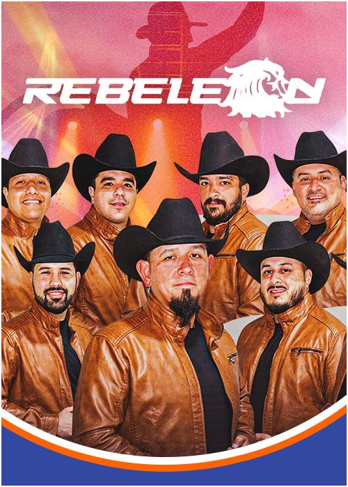 A group of men wearing cowboy hats and leather jackets, with the text "REBELION" prominently displayed.
