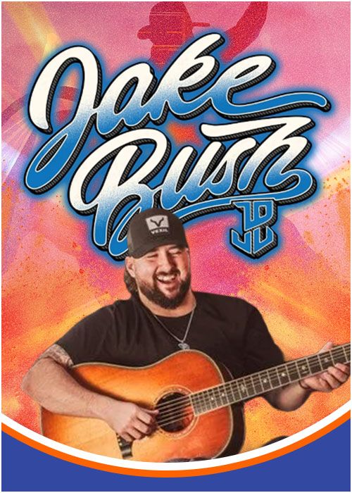 Jake Bush, a bearded man, playing an acoustic guitar and smiling against a colorful background with the text "Jake Bush" in large lettering.