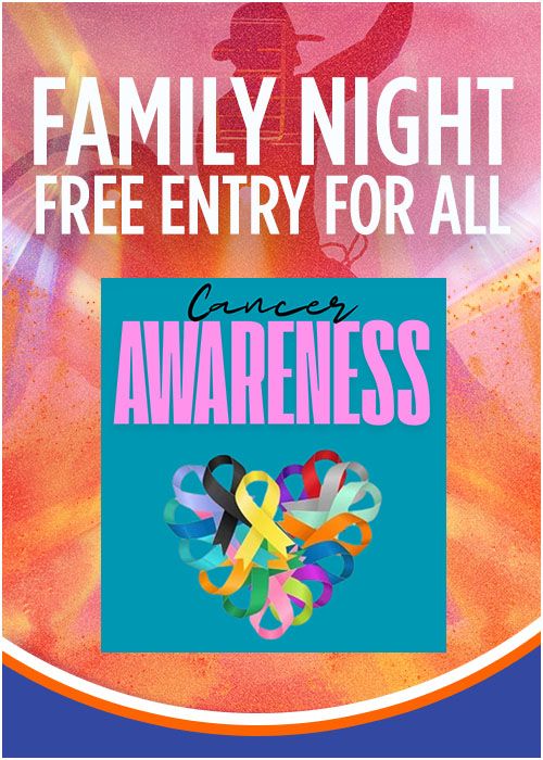 Family night free entry for all. Cancer awareness poster with colorful ribbons and shapes.