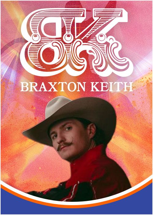 Braxton Keith, a man wearing a cowboy hat and red jacket, against a colorful abstract background with the text "Braxton Keith" in a stylized font.