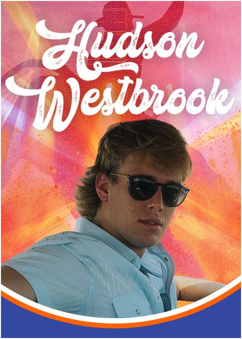 A young man wearing sunglasses and a light blue shirt stands in front of a colorful background with the text "Hudson Westbrook".