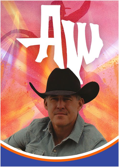 A man wearing a cowboy hat and denim shirt stands in front of a colorful abstract background with the text "AW" prominently displayed.