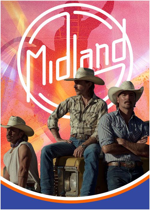 Three cowboys sitting in front of a large "Midland" logo against a fiery background.