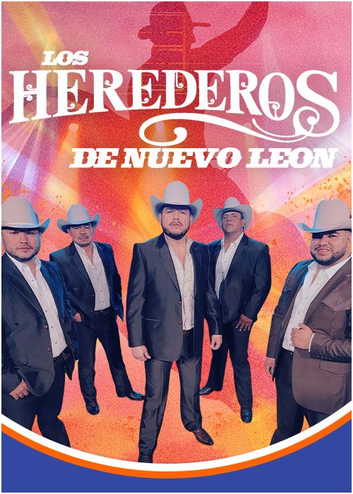 The image shows the band Los Herederos de Nuevo Leon, a Mexican regional music group, posing together in formal attire against a colorful background.