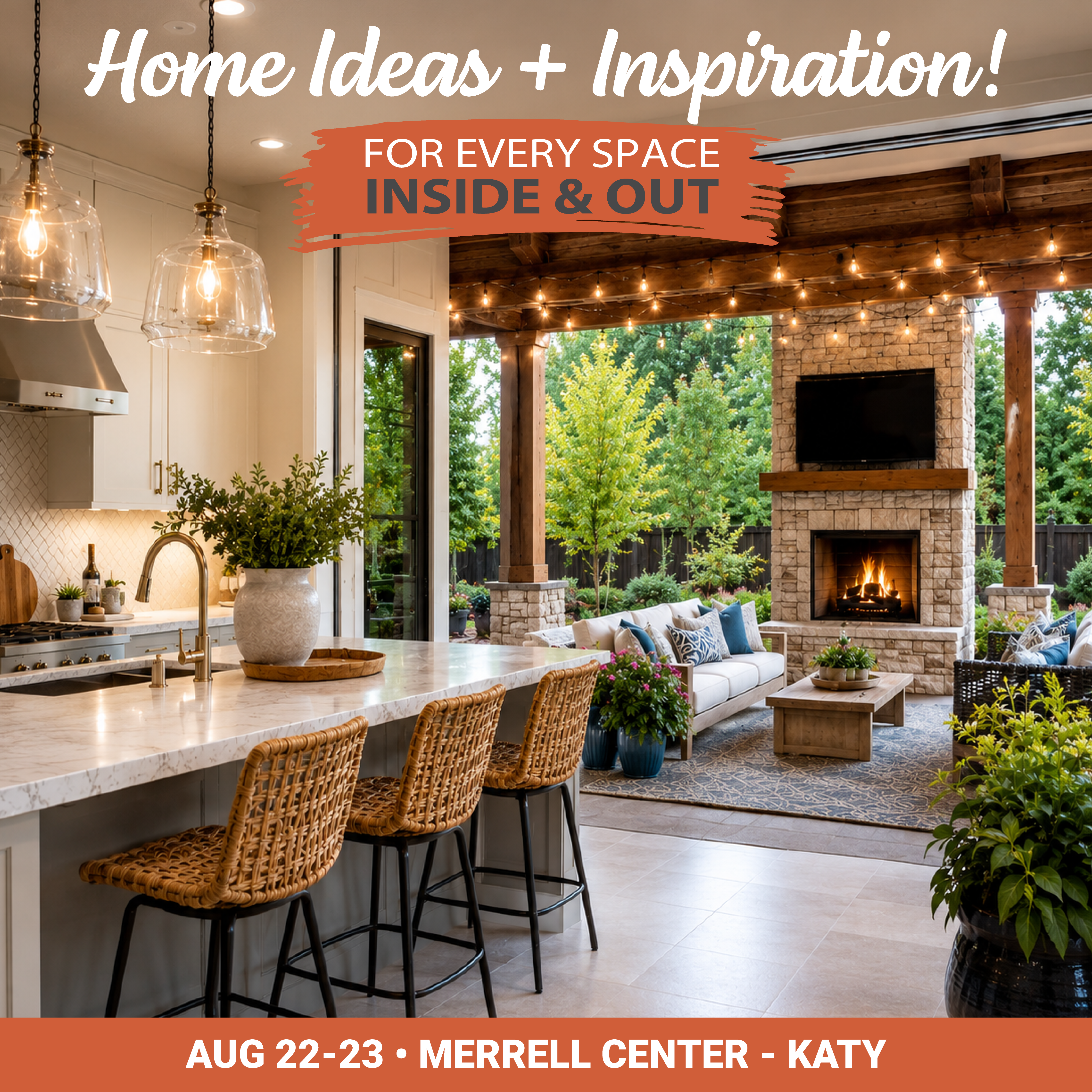 Cozy outdoor living space with stone fireplace, wicker furniture, and string lights overlooking lush greenery.