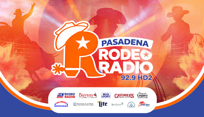 Pasadena Rodeo Radio 92.9 HD2 logo with silhouettes of cowboys and rodeo performers against a fiery orange and red background.