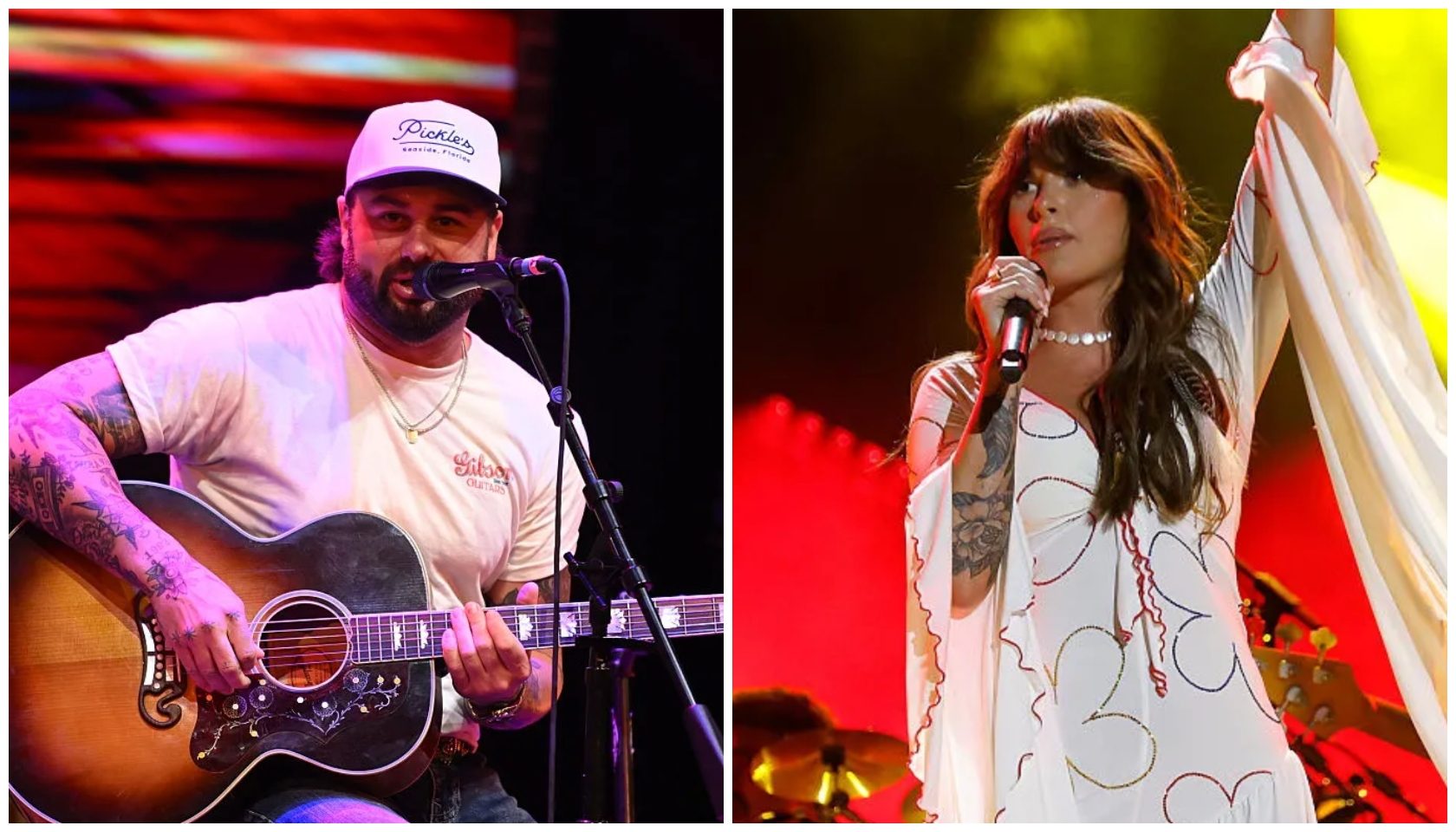 Two musicians performing on stage: a man playing an acoustic guitar and a woman singing into a microphone, both wearing casual clothing.